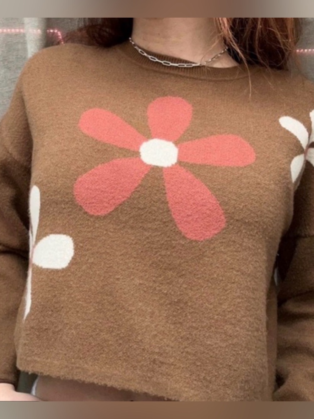 Altar'd‎ State Brown Daisy Retro 70s Boxy Cropped Sweater Size Small
